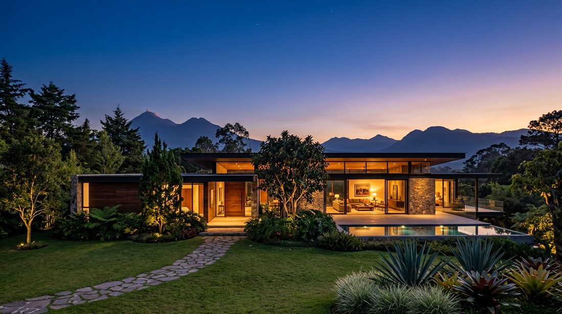 Casa moderna con jardín al atardecer
