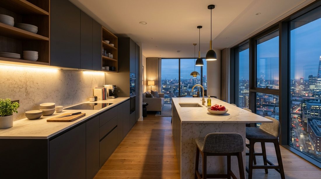 Cocina moderna de apartamento con vista a la ciudad