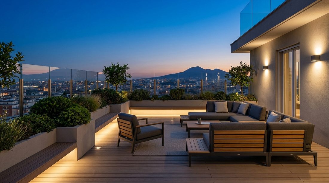 Terraza con vista a la ciudad al atardecer